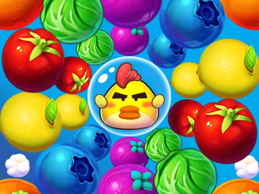 Image of a cute chick surrounded by a ring of fruits ready to be cleared in Fruits Pop game.