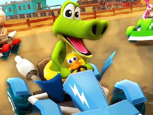 Image of the crocodile character speeding through a thrilling race in Go Kart Go Game.