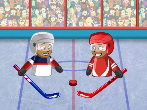 Image of a comical face-off: two rival hockey players, one donned in vibrant blue and the other in fierce red attire, engaged in an epic Puppet Hockey Battle on the ice.