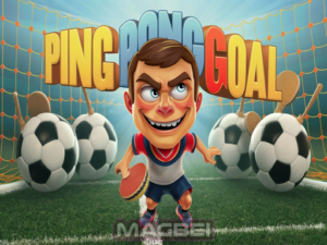 Image of a ping-pong player standing on a soccer field, with the bold text "Ping PonGoal.