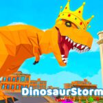 Image of a majestic T-rex, adorned with a crown, unleashing a powerful roar amidst a bustling cityscape.