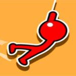 Image of a red stick figure, a so-called "stickman," swinging through the air from a string. The background is a vibrant yellow. The stickman appears to be enjoying the thrill of the swing, with its arms and legs outstretched.