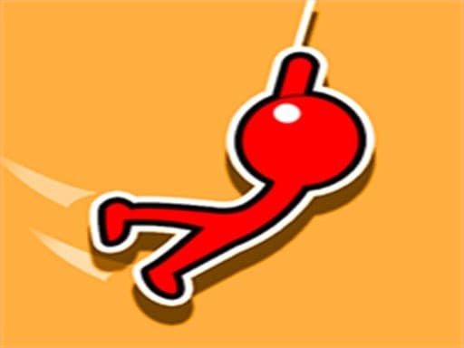 Image of a red stick figure, a so-called "stickman," swinging through the air from a string. The background is a vibrant yellow. The stickman appears to be enjoying the thrill of the swing, with its arms and legs outstretched.