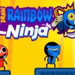 Dynamic Ninja Rainbow soaring through the air, poised for action while enemies await below. Experience the excitement of Draw Rainbow Ninja game!