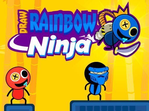 Dynamic Ninja Rainbow soaring through the air, poised for action while enemies await below. Experience the excitement of Draw Rainbow Ninja game!