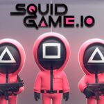 Three Squid Game.io members dressed in red, with two holding gun machines.