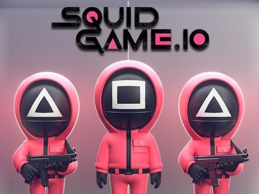Three Squid Game.io members dressed in red, with two holding gun machines.