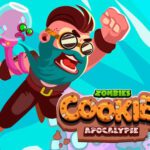 You can see the character, a man with red hair and beard, jumping with an outstretched fist toward the blue sky. His expression is combative. At his side is the game title "Zombies Cookies Apocalypse."