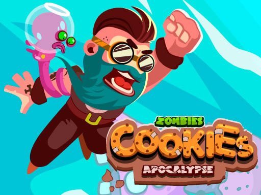 You can see the character, a man with red hair and beard, jumping with an outstretched fist toward the blue sky. His expression is combative. At his side is the game title "Zombies Cookies Apocalypse."