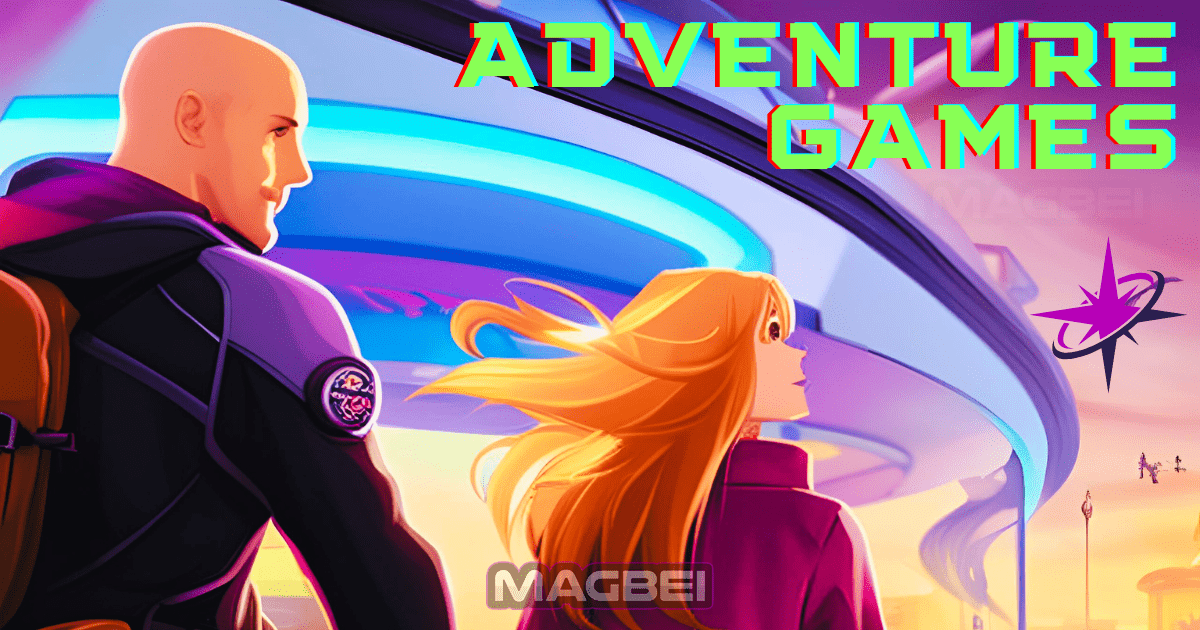Image of a woman with long blond hair and bangs, and a bald man, both dressed in adventure clothes. The couple is standing in the future and looking upward. Image for Magbei Games Adventure Games category - Magbei.com