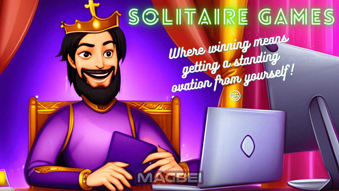 Fun image of a medieval King playing Solitaire card game at a desktop computer. Solitaire Games Category at Magbei.com - MAGBEI GAMES. 