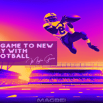 Image of a gravity-defying football player soaring through the air above a vibrant American Football stadium, clutching the ball tightly. A captivating representation of our thrilling online sports games category.
