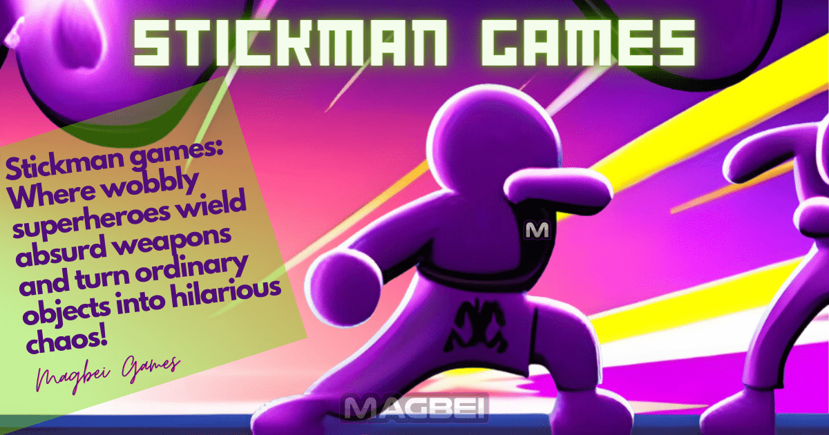 Image of an Epic street fight between stick-figure fighters, infused with vibrant purple colors. Dynamic movements and hilarious chaos in Stickman games!