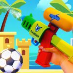 Image of a thrilling water blaster and a playful ball set against a backdrop of a sunny beach, capturing the excitement of Beach Run game.