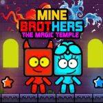 Image of two vibrant characters, one red and the other blue, standing against a backdrop of platform scenery in Mine Brothers The Magic Temple game.
