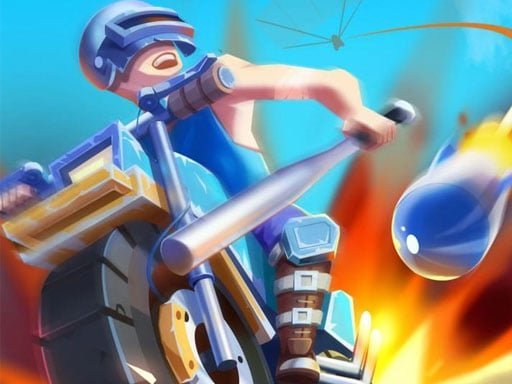 Image of a fierce punk warrior racer with spiked hair and a cybernetic arm, fearlessly gripping a wicked mace while astride his powerful motorbike, ready for an adrenaline-fueled battle in Motor Royale.