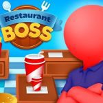 Image of a confident red stickman, arms folded, representing the restaurant manager in the game "Restaurant Boss". The vibrant character stands in front of a partially revealed restaurant backdrop, exuding an air of authority and control.
