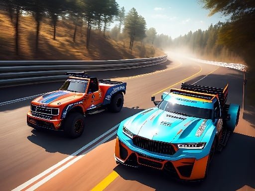 Image of two powerful trucks engaged in an intense race, speeding down the road with determination and adrenaline-fueled excitement in the Top Down Truck Racing game.