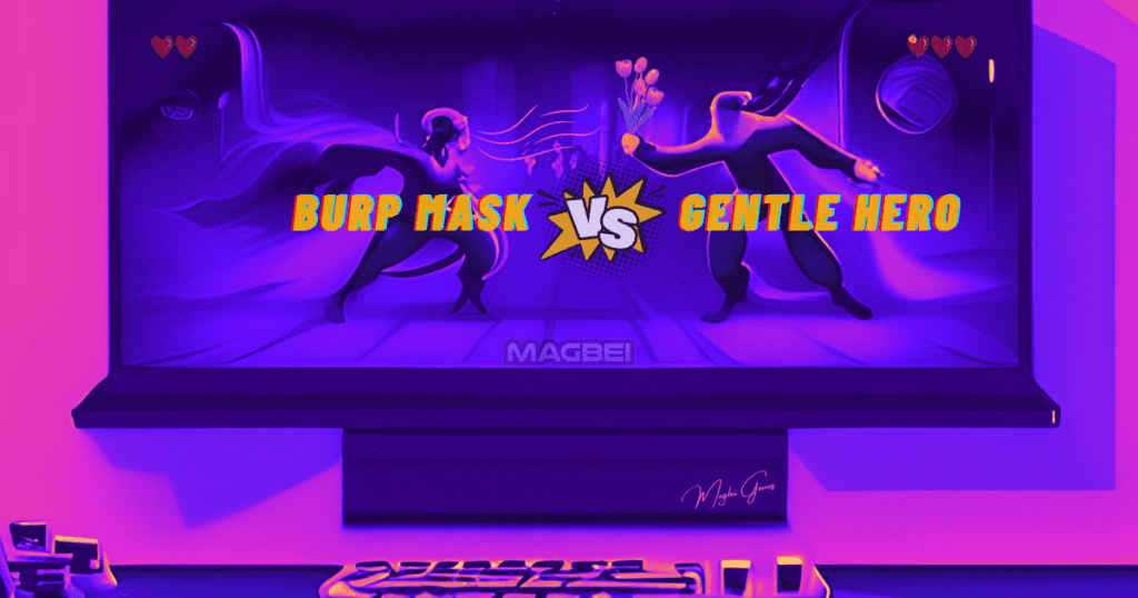 Image of an electrifying action-packed duel between two formidable superheroes, Burp Mask and Gentle Hero, showcased on a desktop computer monitor. Vibrant shades of purple accentuate the thrilling atmosphere, setting the stage for our comprehensive article, "The Ultimate Guide to Action Games Online!