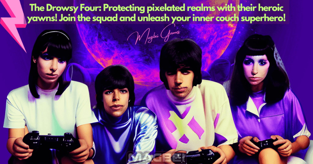 Image of four gamers, visibly bored, holding gamepads while a comical text hovers above them, proclaiming, "The Drowsy Four: Defending pixelated realms with their contagious yawns! Join the squad and unleash your inner couch superhero." Hints of purple accents add a playful touch to the scene. This image perfectly complements the section "10 Addictively Popular Action Games Online to Ruin Your Workday" in our comprehensive article, "The Ultimate Guide to Action Games Online!"