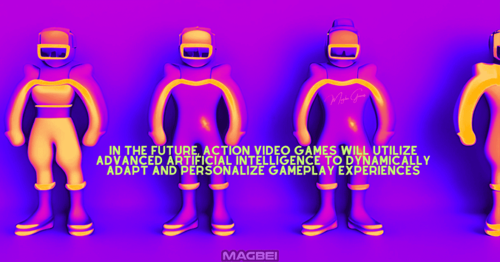 Image of four humanoid figures standing in a line, accompanied by a captivating caption that reads, "In the future, action video games will harness advanced artificial intelligence to dynamically adapt and personalize gameplay experiences." This image is directly relevant to the article section titled "20 Insanely Interesting and Ridiculously Fun Facts About Action Games Online!" Prepare to be amazed as we delve into the intriguing possibilities of online action gaming. Join us on a journey where technology and entertainment intersect, unlocking new dimensions of excitement and immersion.