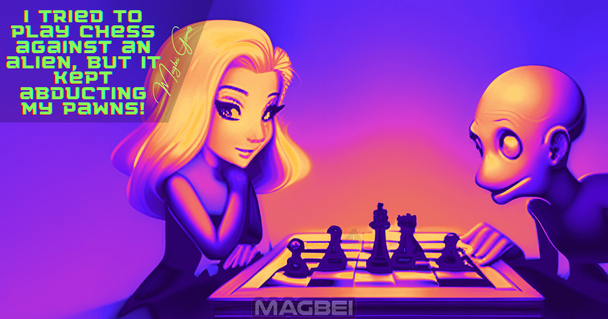 Image of an otherworldly chess showdown where a cheerful woman faces off against an extraterrestrial opponent, while the mischievous alien continuously abducts her defenseless pawns.