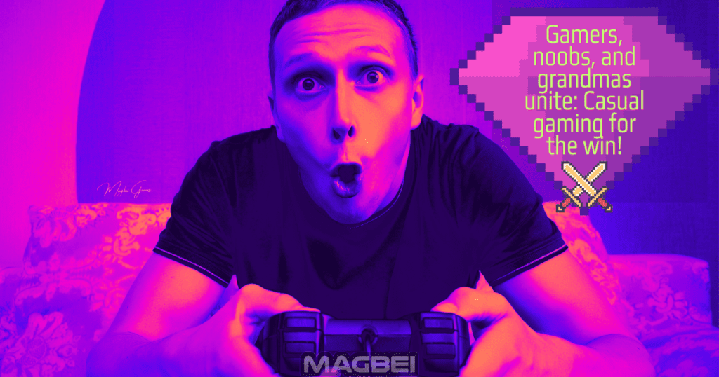 Image of a delighted young gamer, mouth agape with an expression of pure amusement, engrossed in playing video games while comfortably seated on a couch, controller in hand. The image is bathed in a playful purple hue, adding to the overall ambiance. This captivating image perfectly complements the introductory section of the article, "Casual Games Online Uncovered: From History to Hilarity." Begin your journey into the world of casual gaming, filled with fun and laughter. Immerse yourself in the delightful realm of online casual games. Dive into the article now and embark on a hilarious adventure!