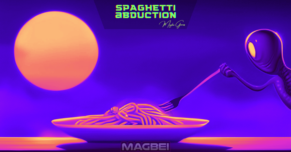 Image of a mischievous alien conducting a spaghetti abduction, snatching delicious pasta from a plate on a table with a fork. A playful representation of food games' irresistible charm.