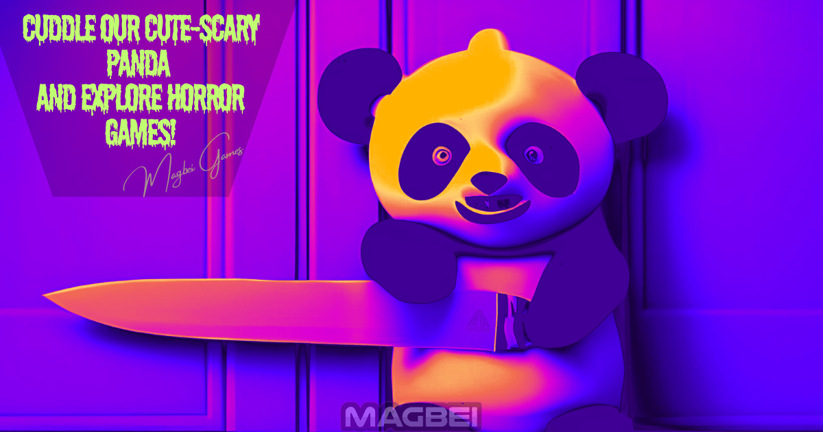 Image of an adorably spooky panda clutching a large knife from behind a kitchen door, representing the thrilling world of horror games on Magbei.com