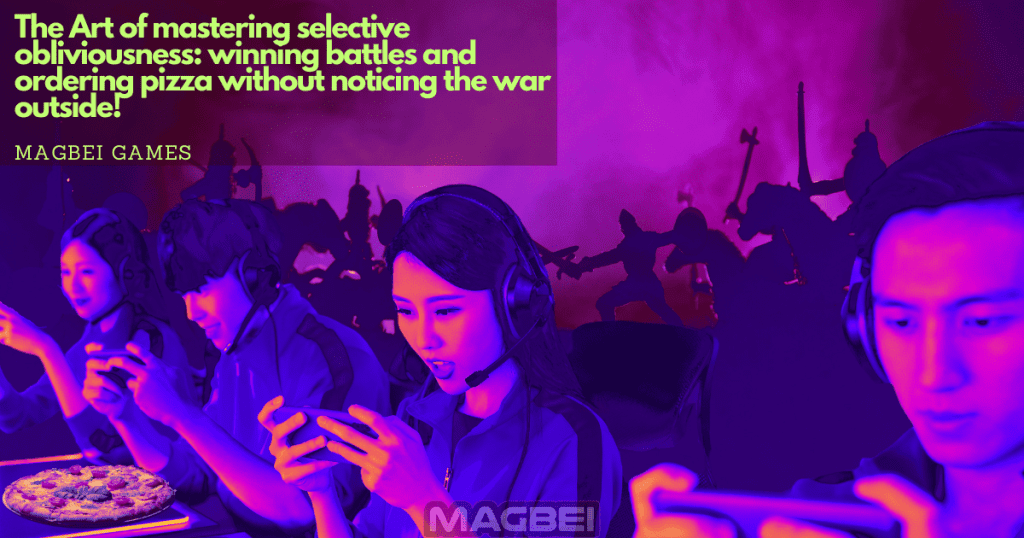 Image of enthusiastic young Japanese gamers completely engrossed in an online multiplayer game, seemingly oblivious to the epic medieval battle unfolding behind them. The inscription in the upper left corner humorously reads, "The Art of Mastering selective obliviousness: winning battles and ordering pizzas without noticing the war outside!" This captivating image corresponds to the concluding article section titled "Conclusions."