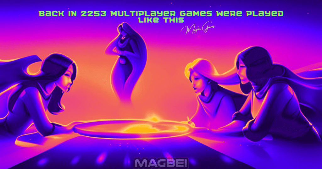 Image of friends immersed in an online multiplayer game, with a futuristic hologram displaying a female character from the game. The inscription above reads, "Back in 2253 multiplayer games were played like this." A captivating visual representing the article section on "20 Mind-Blowing Multiplayer Facts That Will Make You ROFL."
