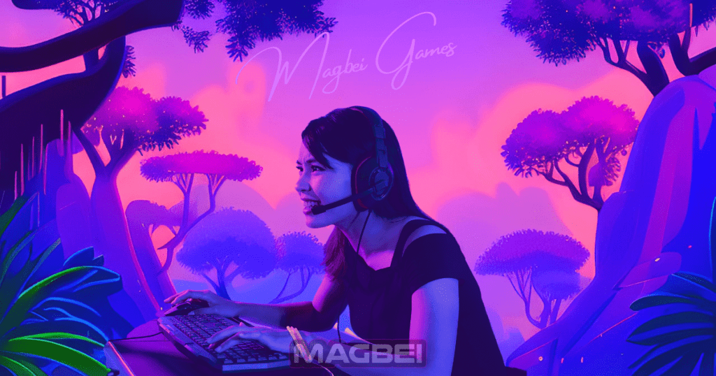 Image of a Japanese girl, depicted in profile, seated at her desktop computer with a captivating smile of curiosity and wonder. She is fully immersed in a mesmerizing fairy tale landscape, where shades of purple permeate the scene. This evocative image perfectly aligns with the article section titled "Choosing Your Own Adventure: The Many Genres of Adventure Games." Embark on a journey of exploration as you navigate diverse realms and unravel thrilling narratives. Unleash your inner adventurer and discover the endless possibilities of online adventure games. Join us today and let your imagination soar to new heights in the captivating world of virtual adventures!