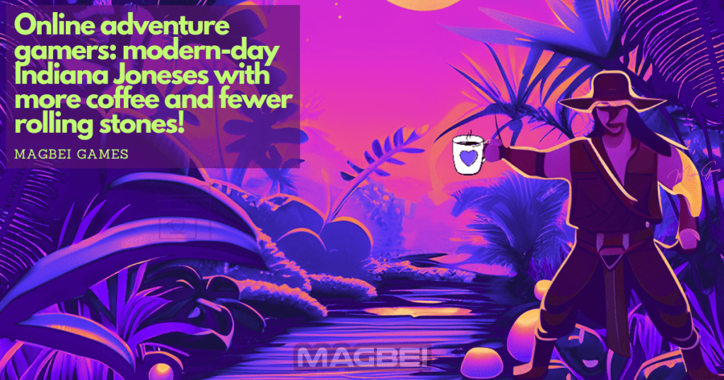 Image of a lone Indiana Jones-inspired adventurer, standing amidst a captivating and untamed jungle, grasping a coffee cup adorned with a heart symbol. The image is accentuated with touches of purple hues. In the background, an inscription boldly declares, "Online adventure games: modern Indiana Joneses with more coffee and fewer rolling stones." This captivating image seamlessly aligns with the article section titled "20 Fascinating Facts About Adventure Games That Will Blow Your Mind." Prepare to be enthralled as we uncover astonishing insights into the world of adventure games. Join us on an expedition of discovery, where virtual thrills await and minds are blown!