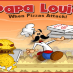 Image of Papa Louie, the master pizza chef, skillfully juggling three pizza boxes in a hurry, showcasing his culinary expertise and fast-paced adventures.