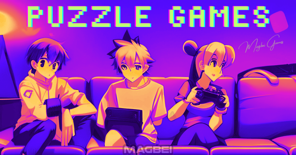 Image of four friends with manga-style illustrations, eagerly gathered on a sofa, fully engrossed in playing puzzle games online. A perfect depiction of brain-training fun and camaraderie.