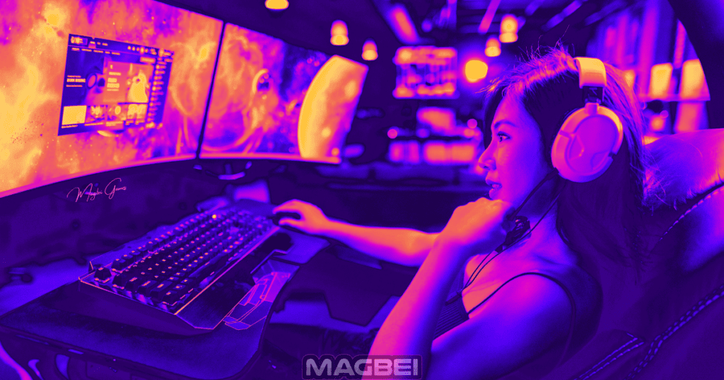 Image of a skilled and stylish Asian female gamer fully immersed in playing video games on a multi-monitor desktop computer set up within an arcade. This image beautifully complements the article's section on "The Rise and Fall (and Rise Again) of Arcade Games: History." Embark on a journey through time and explore the captivating story of arcade gaming. Immerse yourself in the nostalgia and triumphs of this enduring phenomenon. Discover the complete guide now and relive the arcade gaming revolution.