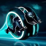 Image of a mesmerizing Cyber Tron biker, radiating neon brilliance in the digital raceway. Get ready for an electrifying ride!