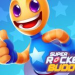 Image of an ecstatic Buddy soaring through the air on a rocket, capturing the sheer joy and exhilaration of Super Rocket Buddy game.