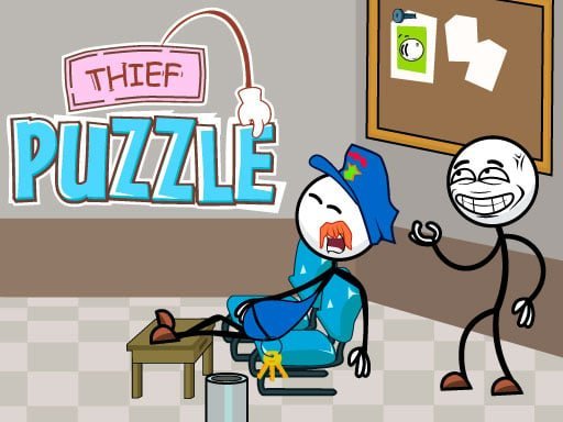 Image of a mischievous stickman-like thief cunningly attempting to snatch a set of keys from a slumbering prison guard seated in a chair.