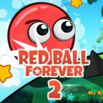 Image of the red ball embarking on an adventure across a vibrant green landscape under a serene blue sky in Red Ball Forever 2 game.