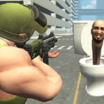 Image of a fearless soldier taking aim at a skibidi toilet in Skibidi Toilet Shooting game.
