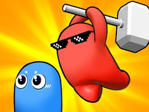 Image of a daring red hero mid-jump, poised to deliver a satisfying hammer blow to a hapless blue rival in the vibrant world of Smashers.io.