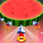 Image of a knife mid-flight, targeting a juicy, rounded watermelon slice in Knife Hit 3D gameplay.