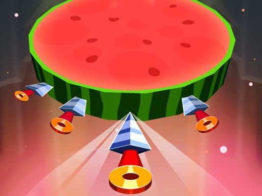Image of a knife mid-flight, targeting a juicy, rounded watermelon slice in Knife Hit 3D gameplay.