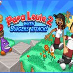 Image of Papa Louie's burger joint employees fleeing from rampaging, furious hamburgers.