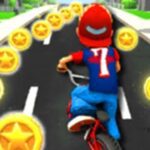 Image of a young biker on the road, eagerly chasing every coin in Bike Race Rush.