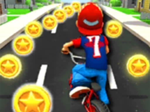 Image of a young biker on the road, eagerly chasing every coin in Bike Race Rush.