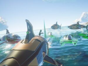 Image of a speedboat racing through the waves, competing fiercely with other boats on the high seas.