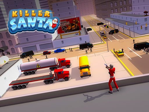 Image of Santa as a street-smart cop, geared up for festive action in the digital realm of Killer Santa online.