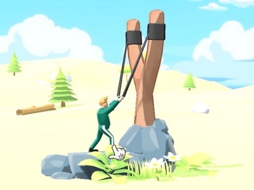 Image of a daring character poised for launch through a colossal slingshot in the People Throw! online game, adding a 3D twist to the adventure.